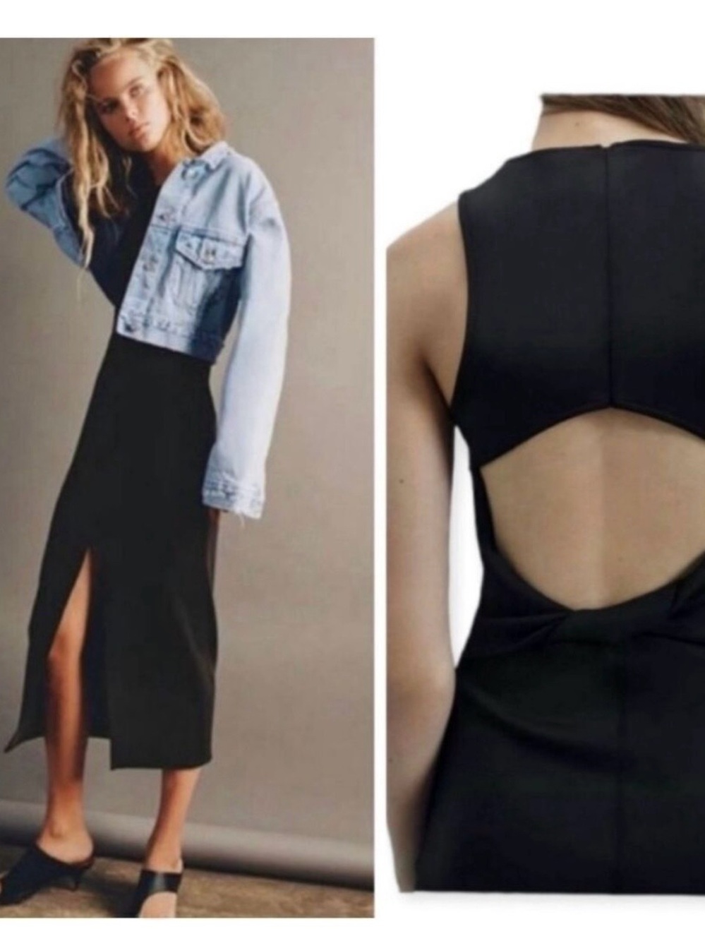 Zara Black Midi Dress with Back Cutout and Front Slit